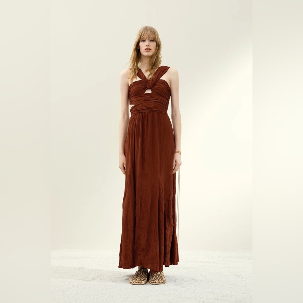 H&M STUDIO COLLECTION DRAPED PLISSÉ DRESS Twist-Halter Maxi Dress in‎ Rust NWT